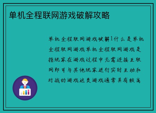 单机全程联网游戏破解攻略
